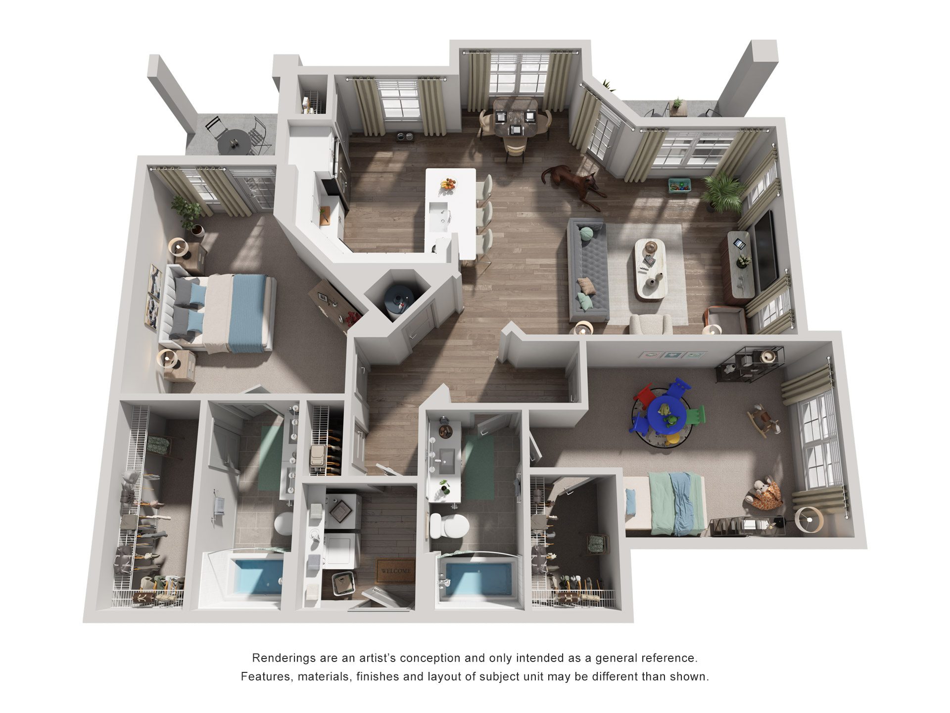 Floor plan for 2 beds, 2 baths, 1307 sqft